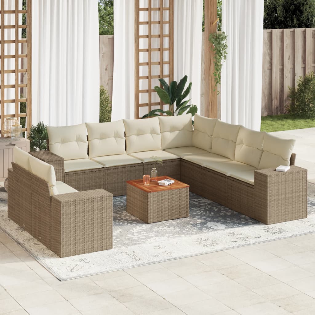 vidaXL 10-tlg. Garten-Sofagarnitur mit Kissen Beige Poly Rattan