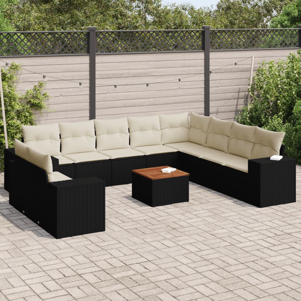 11-tlg. Garten-Sofagarnitur mit Kissen Schwarz Poly Rattan