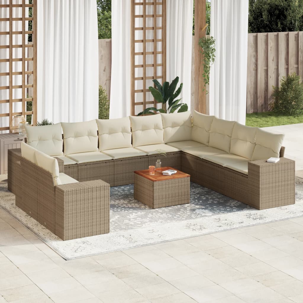 vidaXL 11-tlg. Garten-Sofagarnitur mit Kissen Beige Poly Rattan