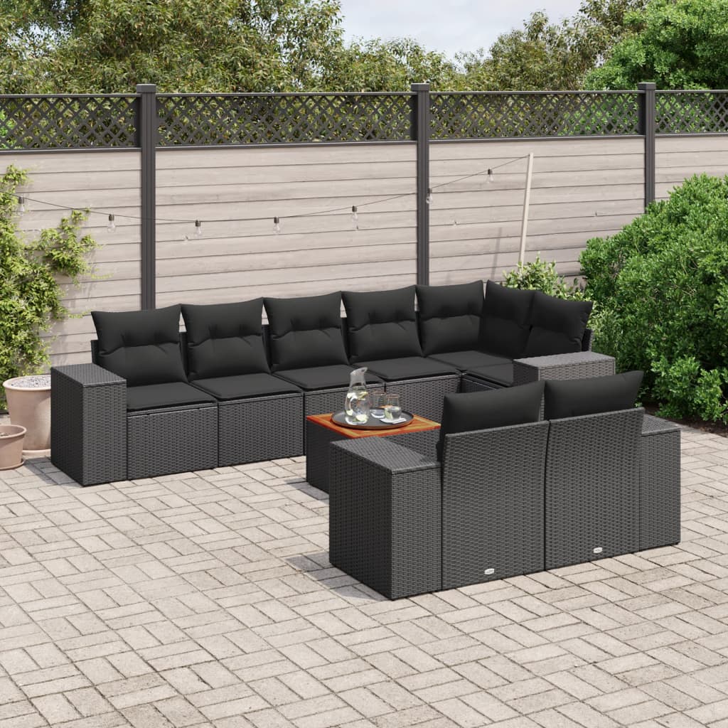 vidaXL 9-tlg. Garten-Sofagarnitur mit Kissen Schwarz Poly Rattan