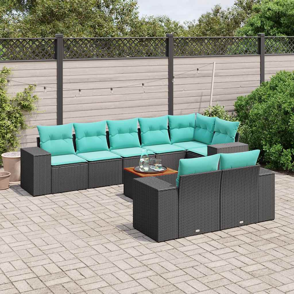 Havesofasæt i sort polyrattan med hynder - 9 dele, modulært