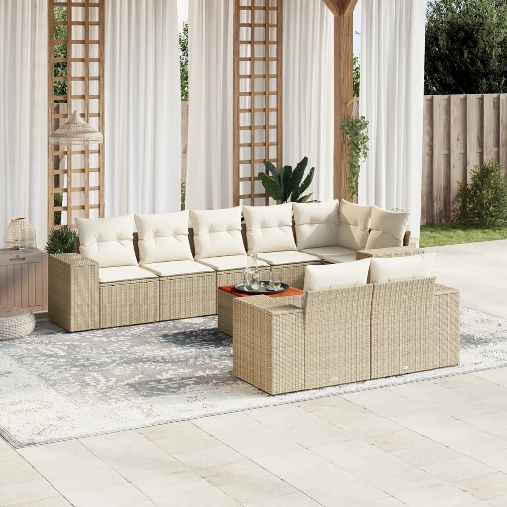 vidaXL 9-tlg. Garten-Sofagarnitur mit Kissen Beige Poly Rattan