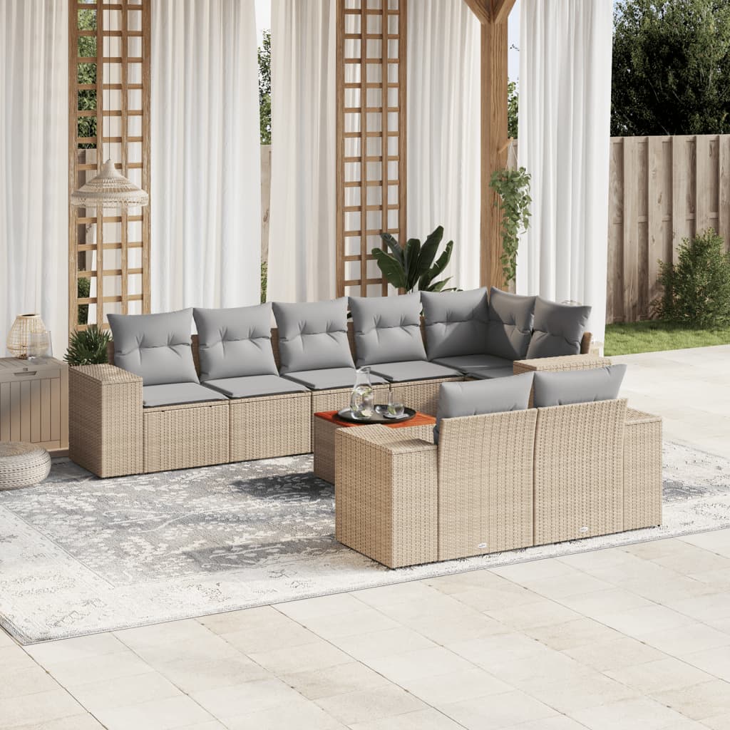 vidaXL 9-tlg. Garten-Sofagarnitur mit Kissen Beige Poly Rattan