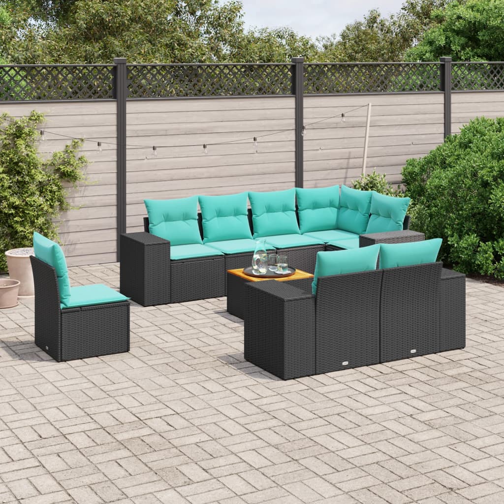 vidaXL 9-teiliges Gartensofa-Set mit Kissen, schwarzes Polyrattan