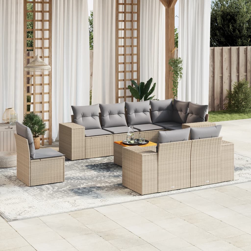 vidaXL 9-tlg. Garten-Sofagarnitur mit Kissen Beige Poly Rattan