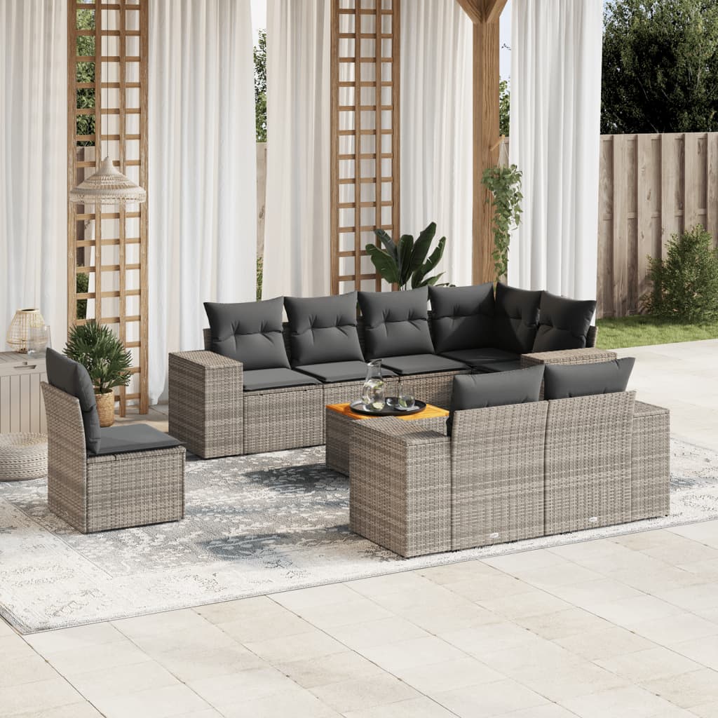 vidaXL 9-tlg. Garten-Sofagarnitur mit Kissen Grau Poly Rattan