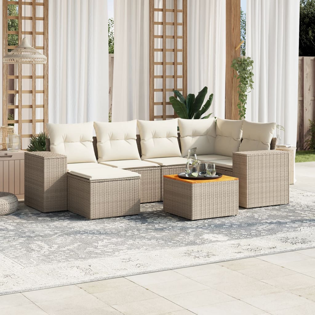 7-tlg. Garten-Sofagarnitur mit Kissen Beige Poly Rattan