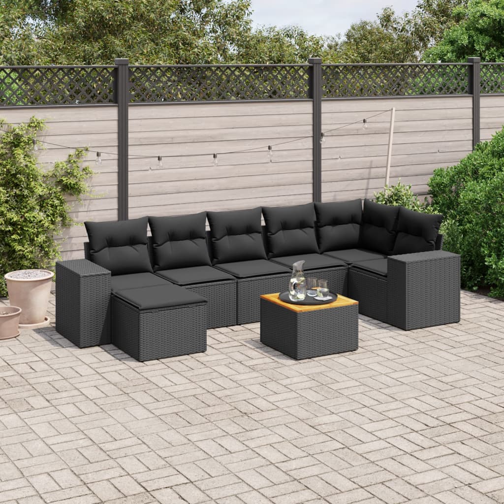 vidaXL 8-tlg. Garten-Sofagarnitur mit Kissen Schwarz Poly Rattan