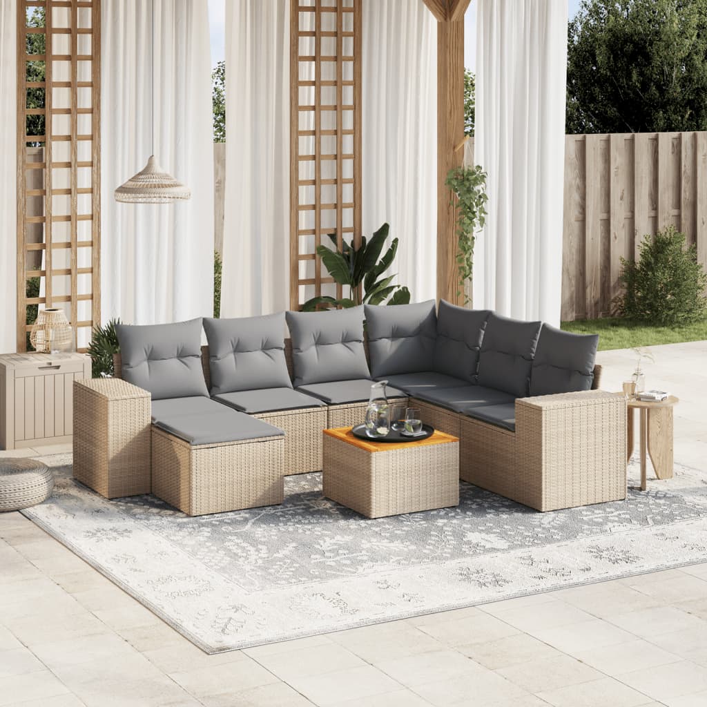 vidaXL 8-tlg. Garten-Sofagarnitur mit Kissen Beige Poly Rattan