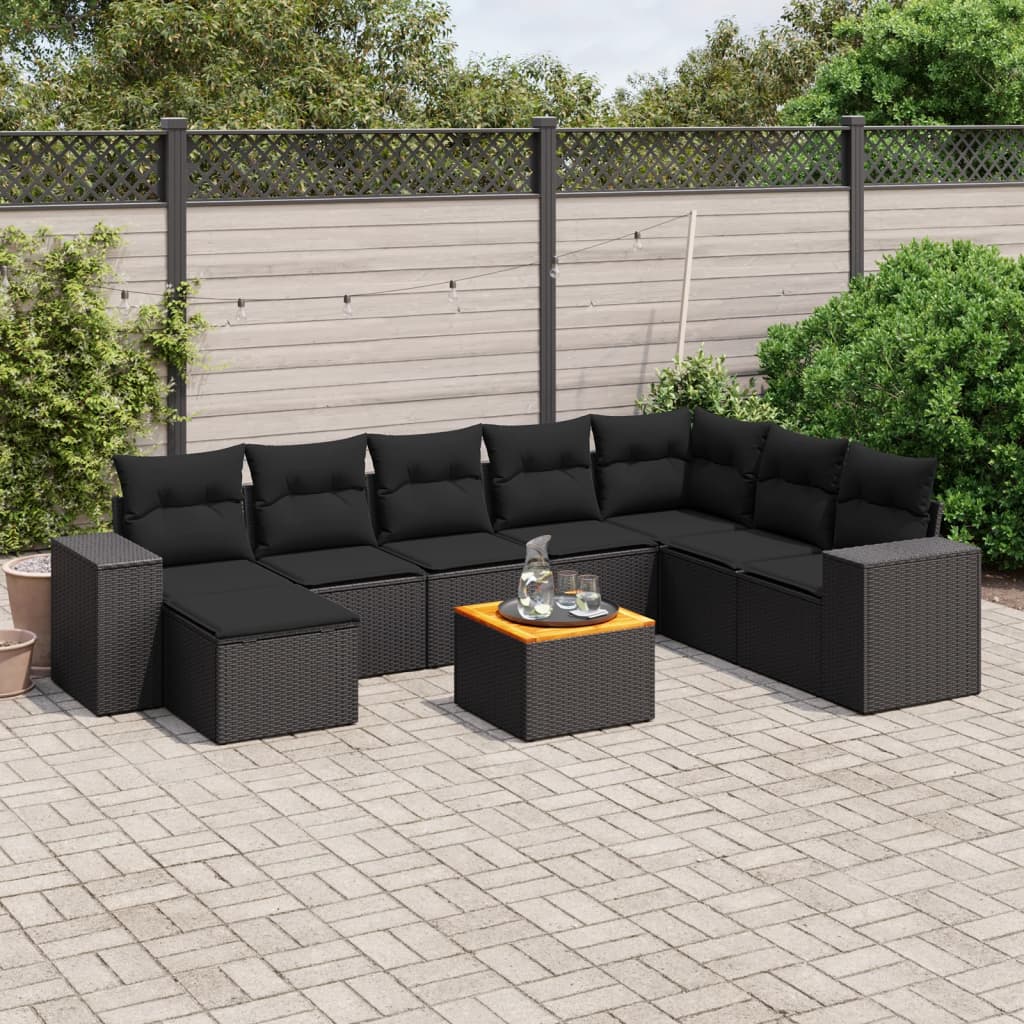 9-tlg. Garten-Sofagarnitur mit Kissen Schwarz Poly Rattan