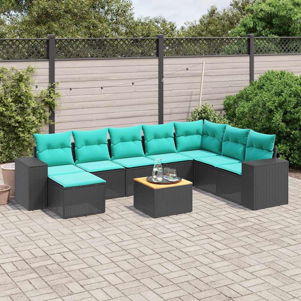 Havesofasæt i sort polyrattan med hynder - 9 dele, modulært