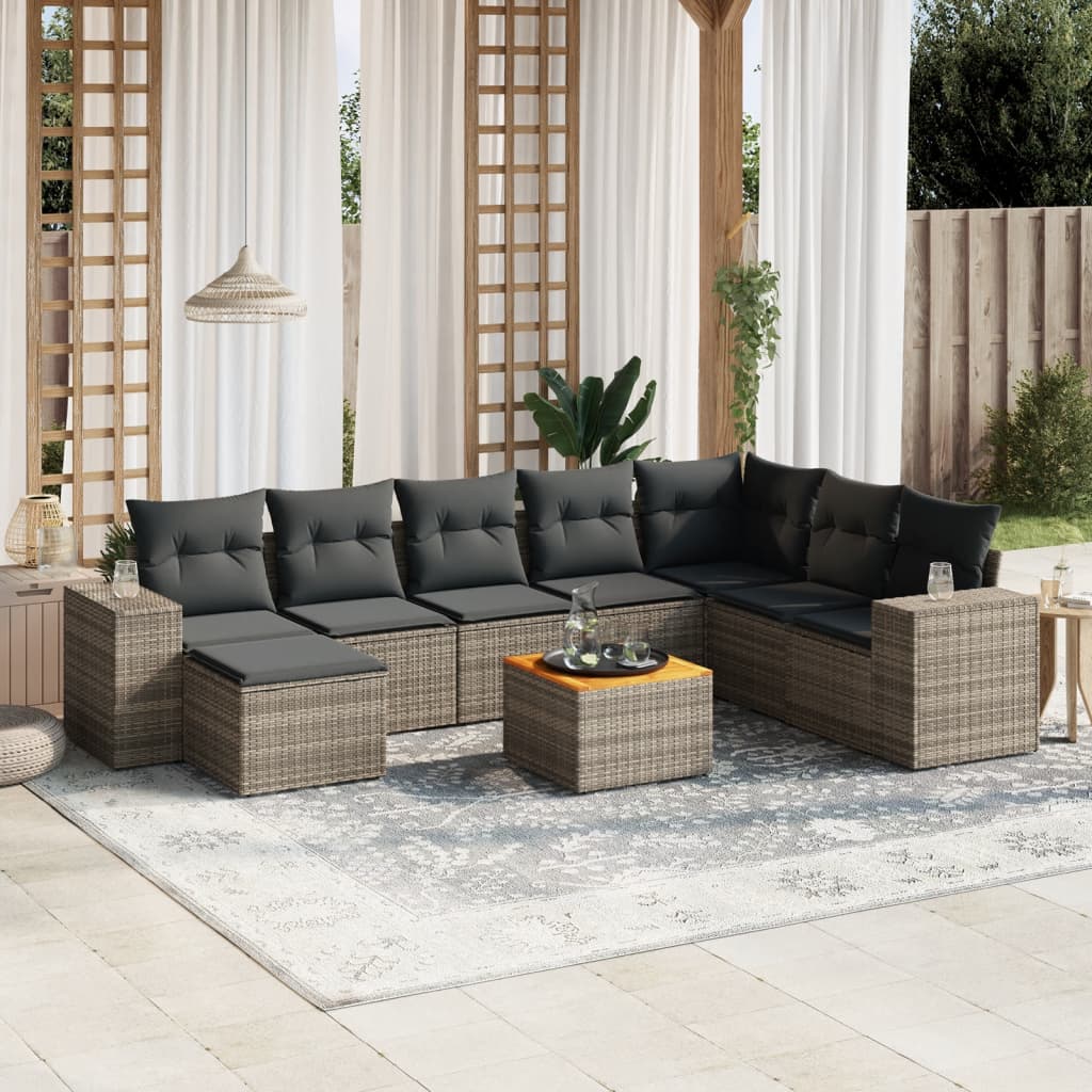 vidaXL 9-tlg. Garten-Sofagarnitur mit Kissen Grau Poly Rattan