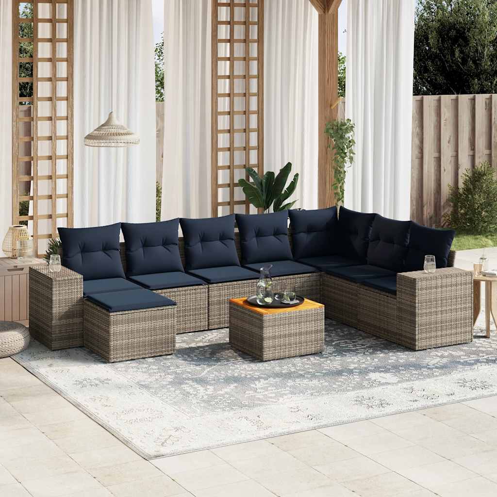 vidaXL 9-teiliges Gartensofa-Set mit Kissen, grau, Polyrattan