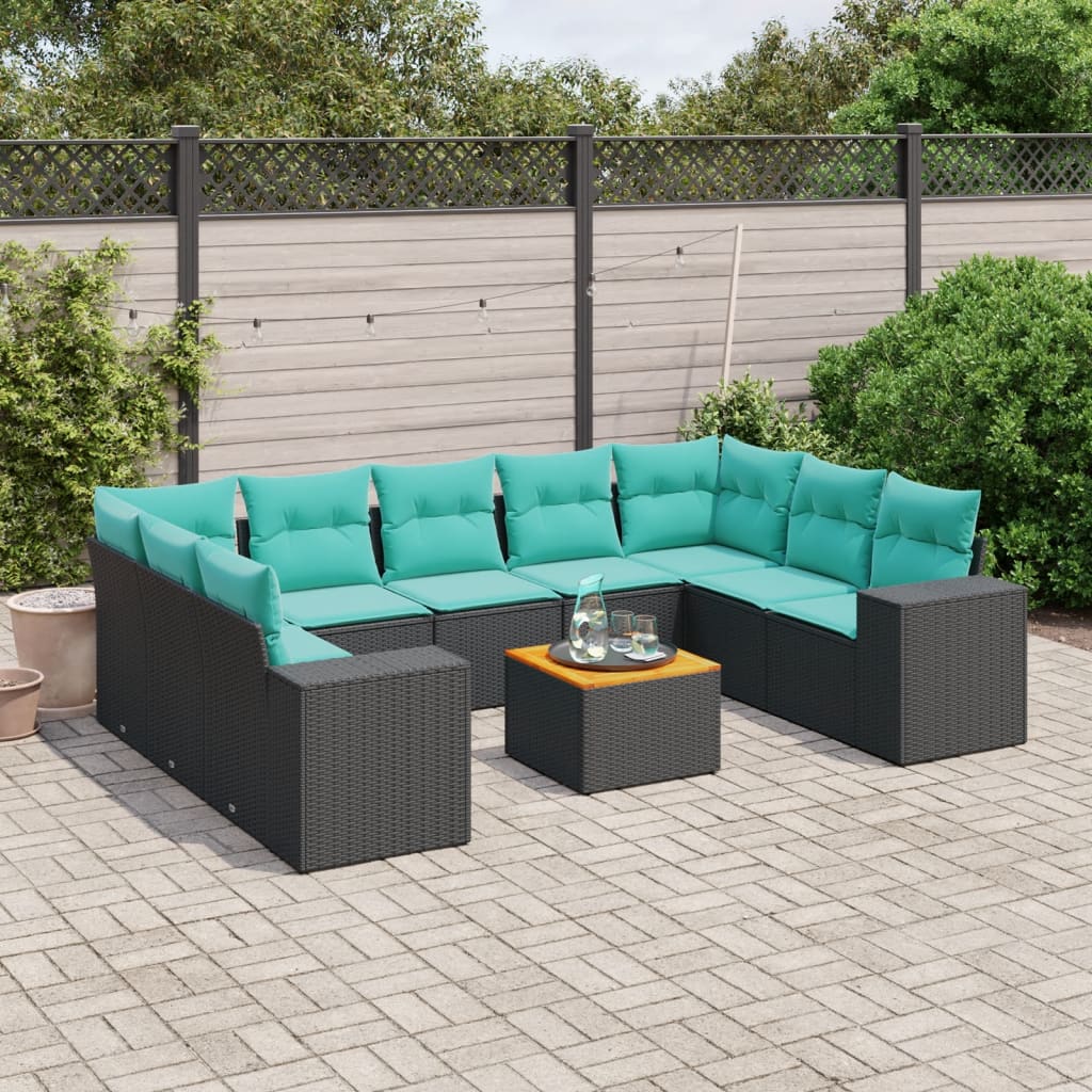 vidaXL 10-teiliges Gartensofa-Set mit Kissen, schwarzes Polyrattan