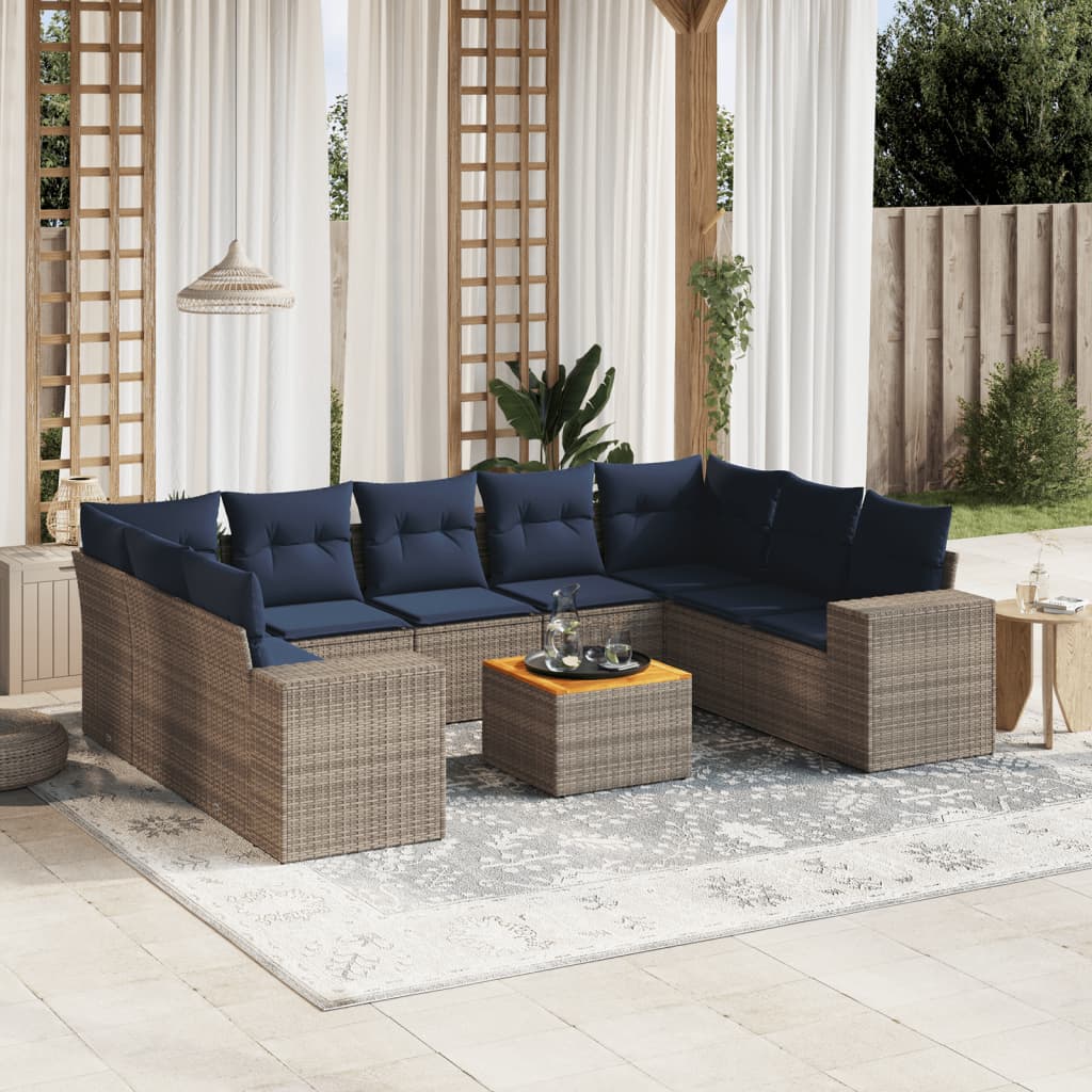 vidaXL 10-teiliges Gartensofa-Set mit Kissen, grau, Polyrattan