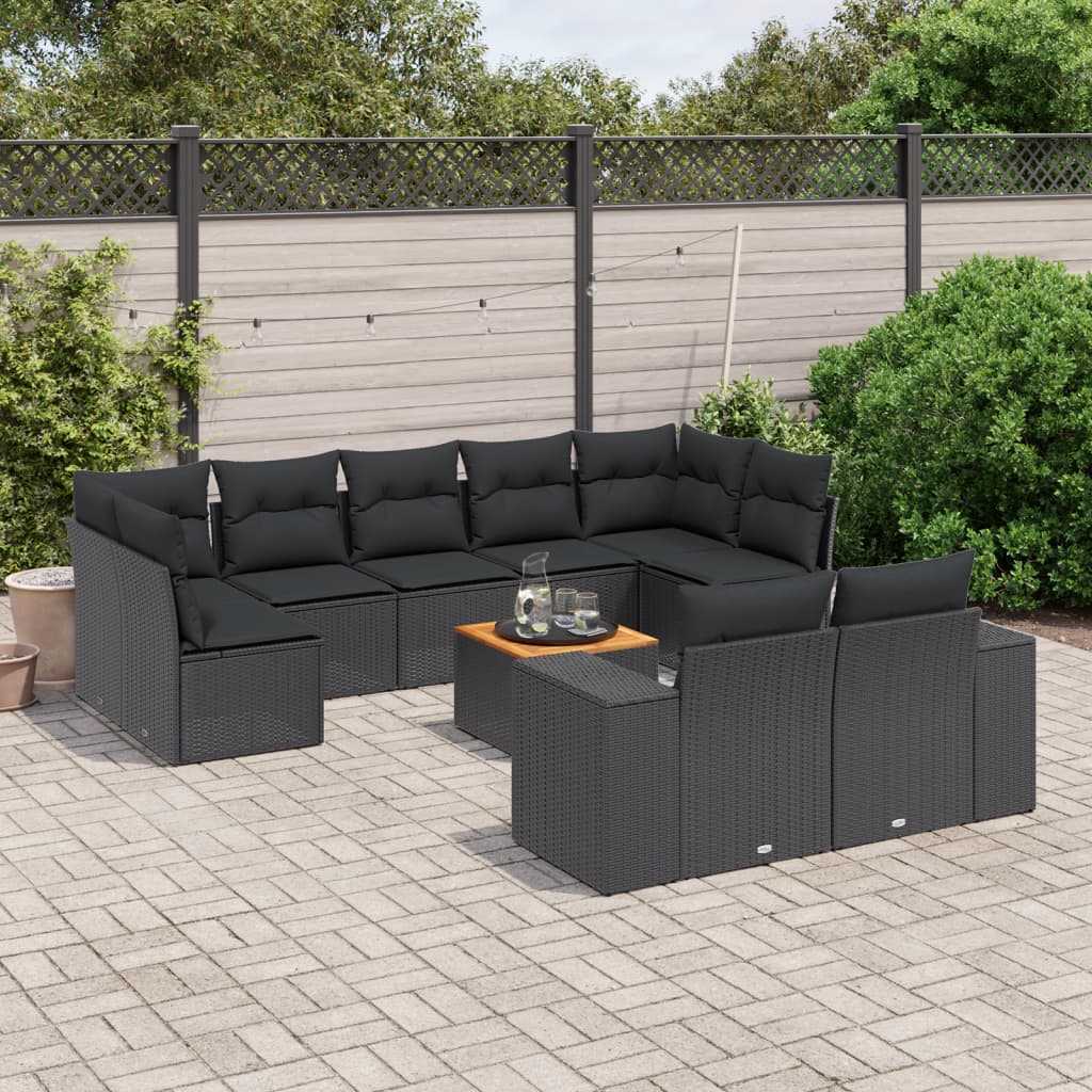 vidaXL 10-tlg. Garten-Sofagarnitur mit Kissen Schwarz Poly Rattan