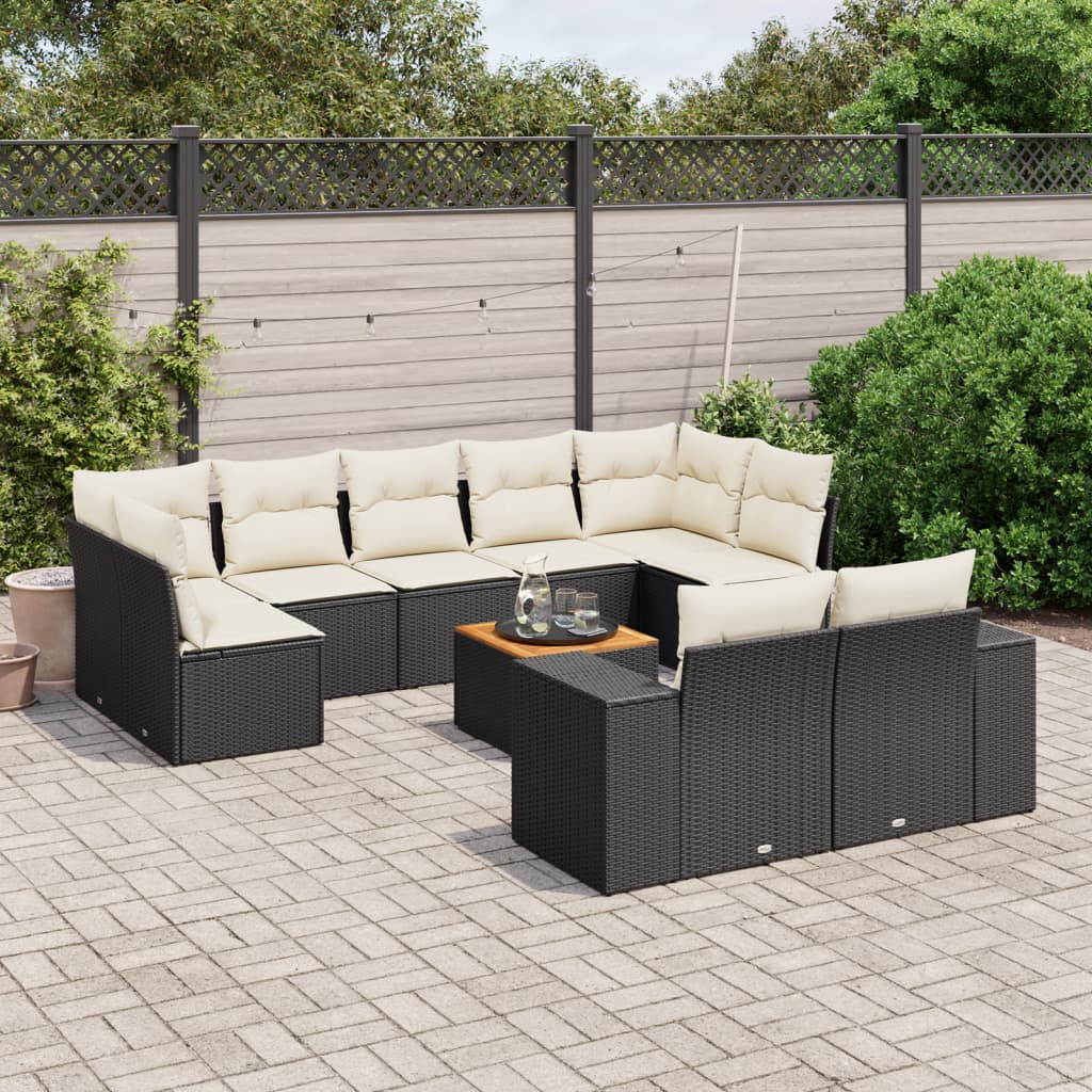 vidaXL 10-tlg. Garten-Sofagarnitur mit Kissen Schwarz Poly Rattan