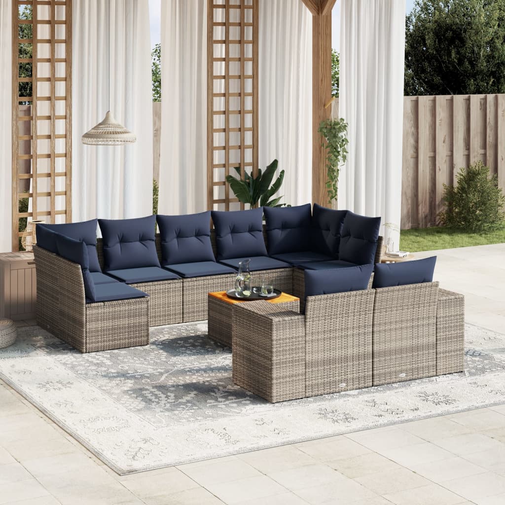 vidaXL 10-teiliges Gartensofa-Set mit Kissen, grau, Polyrattan