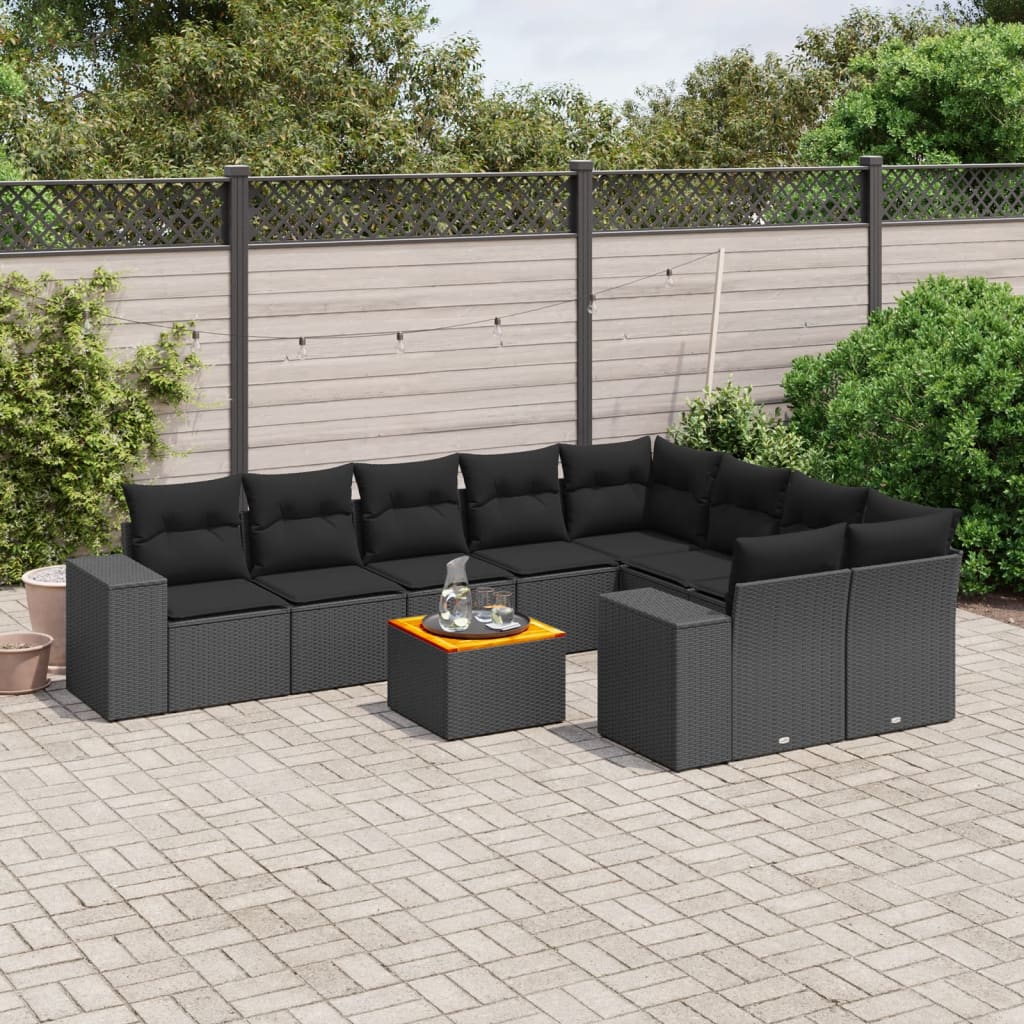 vidaXL 10-tlg. Garten-Sofagarnitur mit Kissen Schwarz Poly Rattan