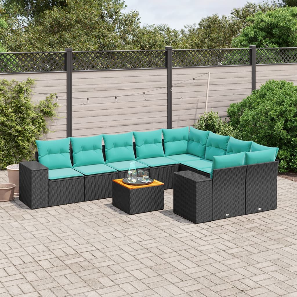 vidaXL 10-teiliges Gartensofa-Set mit Kissen, schwarzes Polyrattan