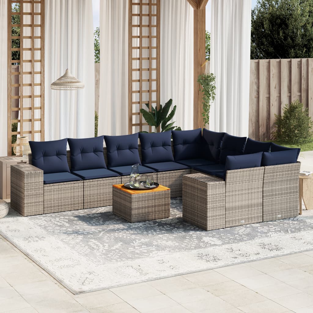 vidaXL 10-teiliges Gartensofa-Set mit Kissen, grau, Polyrattan