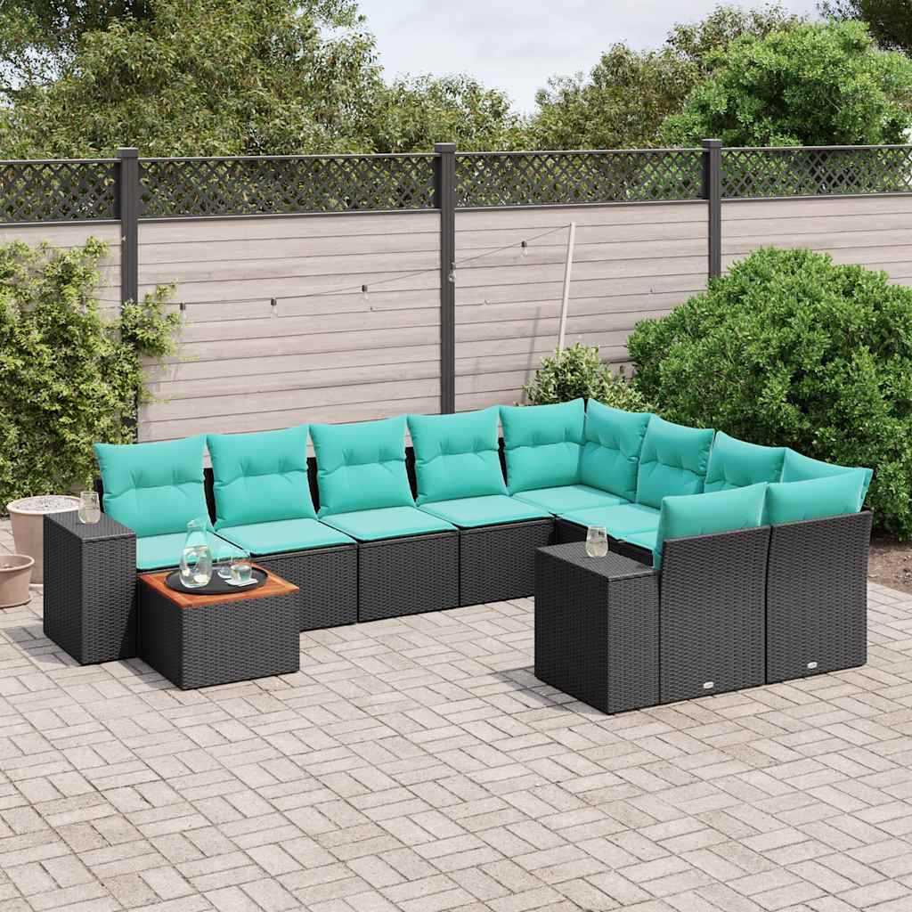 10 Piece Patio Sofa Set with Cushions Black Poly Rattan