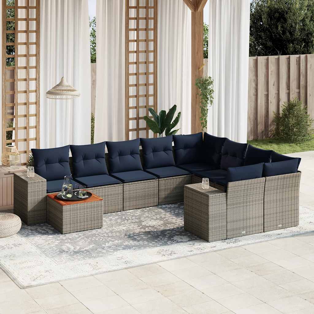 Havesofasæt i grå polyrattan med marineblå hynder - 10 dele, modulært loungesæt