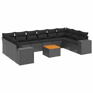 vidaXL 11-osaline aiadiivani komplekt patjadega, must, pol&uuml;rotang