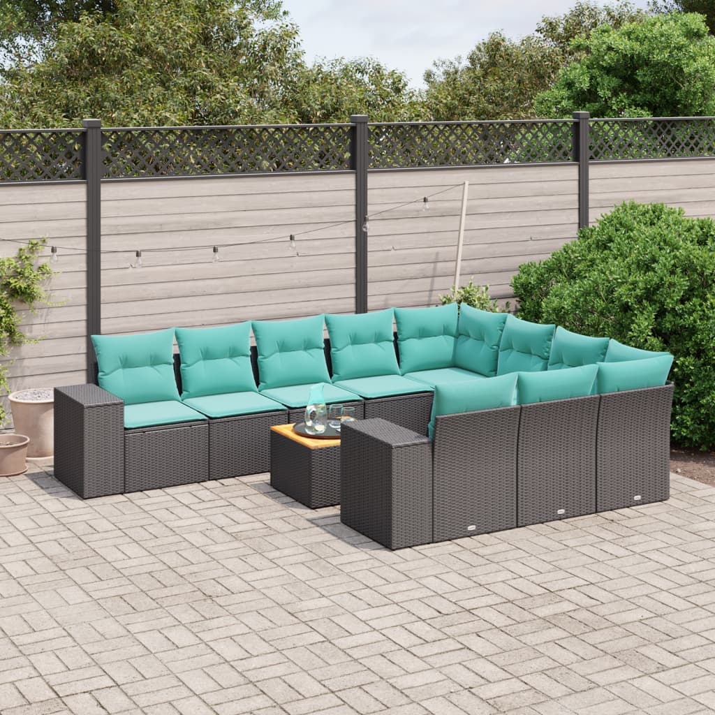 11 Piece Patio Sofa Set with Cushions Black Poly Rattan