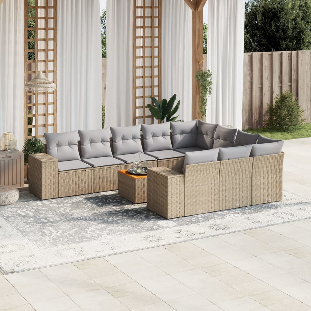 vidaXL 11-tlg. Garten-Sofagarnitur mit Kissen Beige Poly Rattan