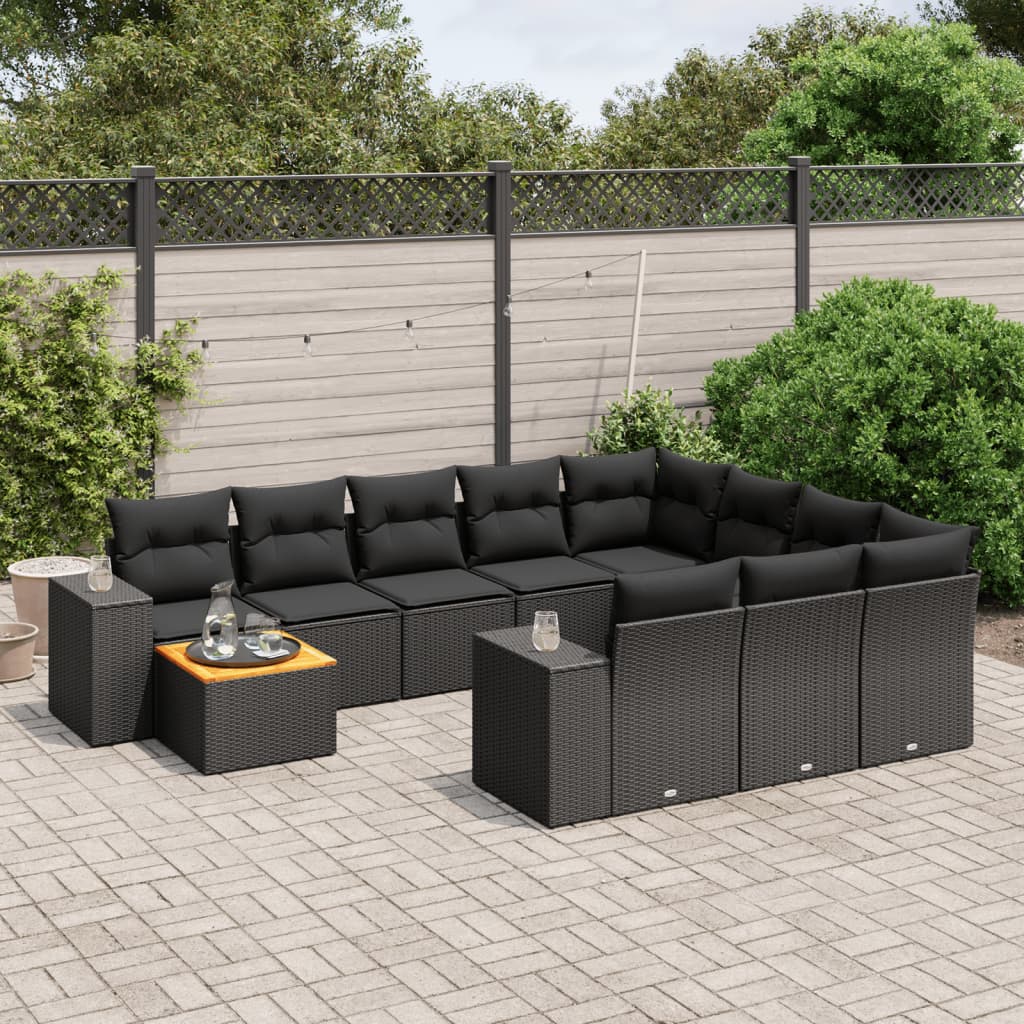 vidaXL 11-tlg. Garten-Sofagarnitur mit Kissen Schwarz Poly Rattan