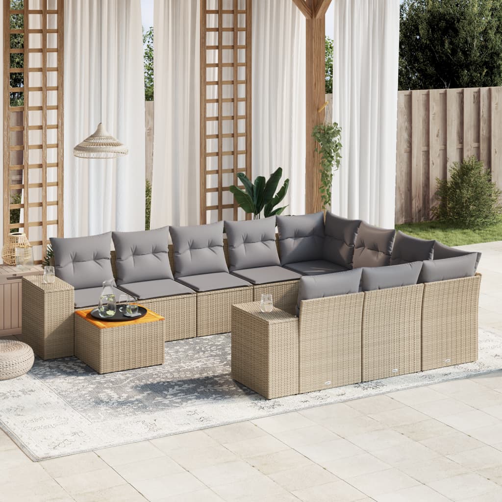 vidaXL 11-tlg. Garten-Sofagarnitur mit Kissen Beige Poly Rattan