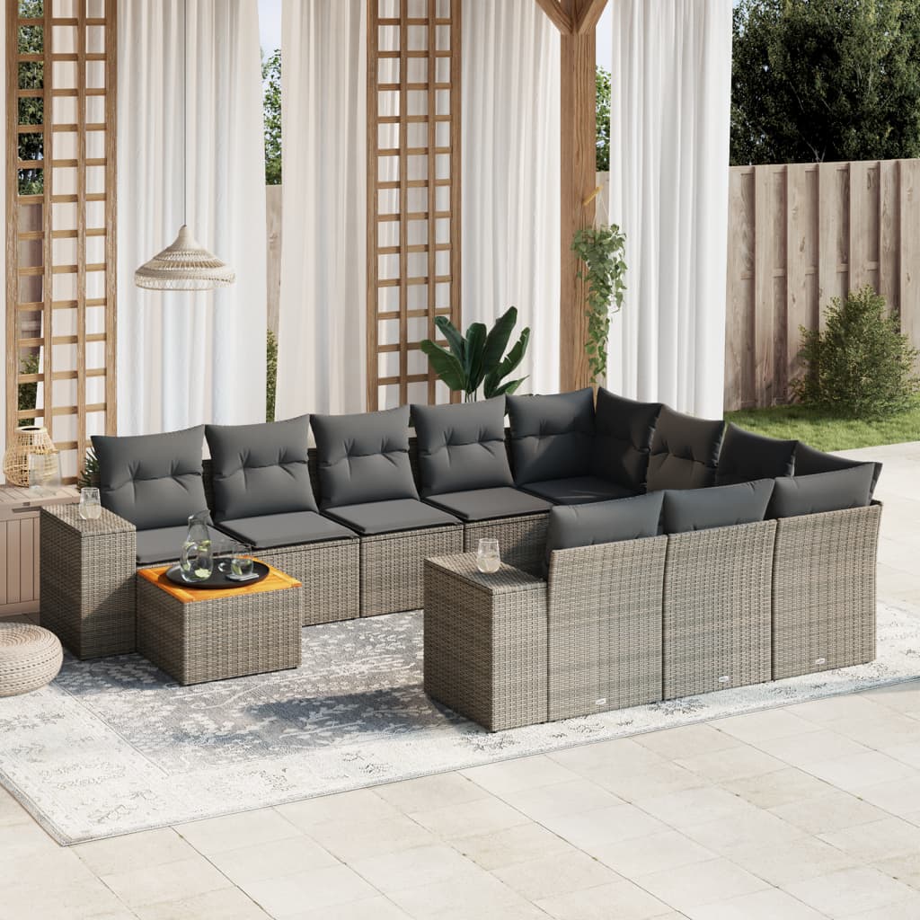 vidaXL 11-tlg. Garten-Sofagarnitur mit Kissen Grau Poly Rattan