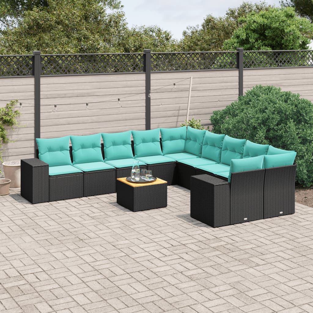 vidaXL 11-teiliges Gartensofa-Set mit Kissen, schwarzes Polyrattan