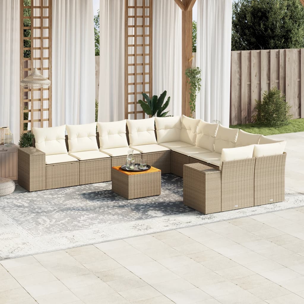 vidaXL 11-tlg. Garten-Sofagarnitur mit Kissen Beige Poly Rattan