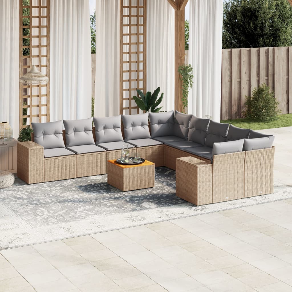 vidaXL 11-tlg. Garten-Sofagarnitur mit Kissen Beige Poly Rattan