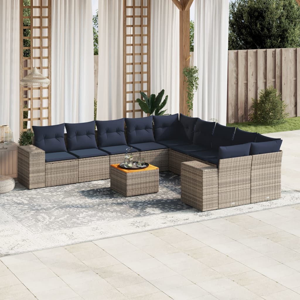 vidaXL 11-teiliges Gartensofa-Set mit Kissen, grau, Polyrattan