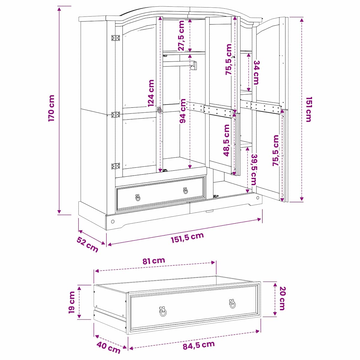 Klædeskab Corona 151,5x52x170 cm massivt fyrretræ - Billede 8