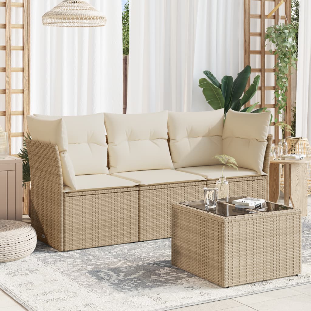 4-tlg. Garten-Sofagarnitur mit Kissen Beige Poly Rattan