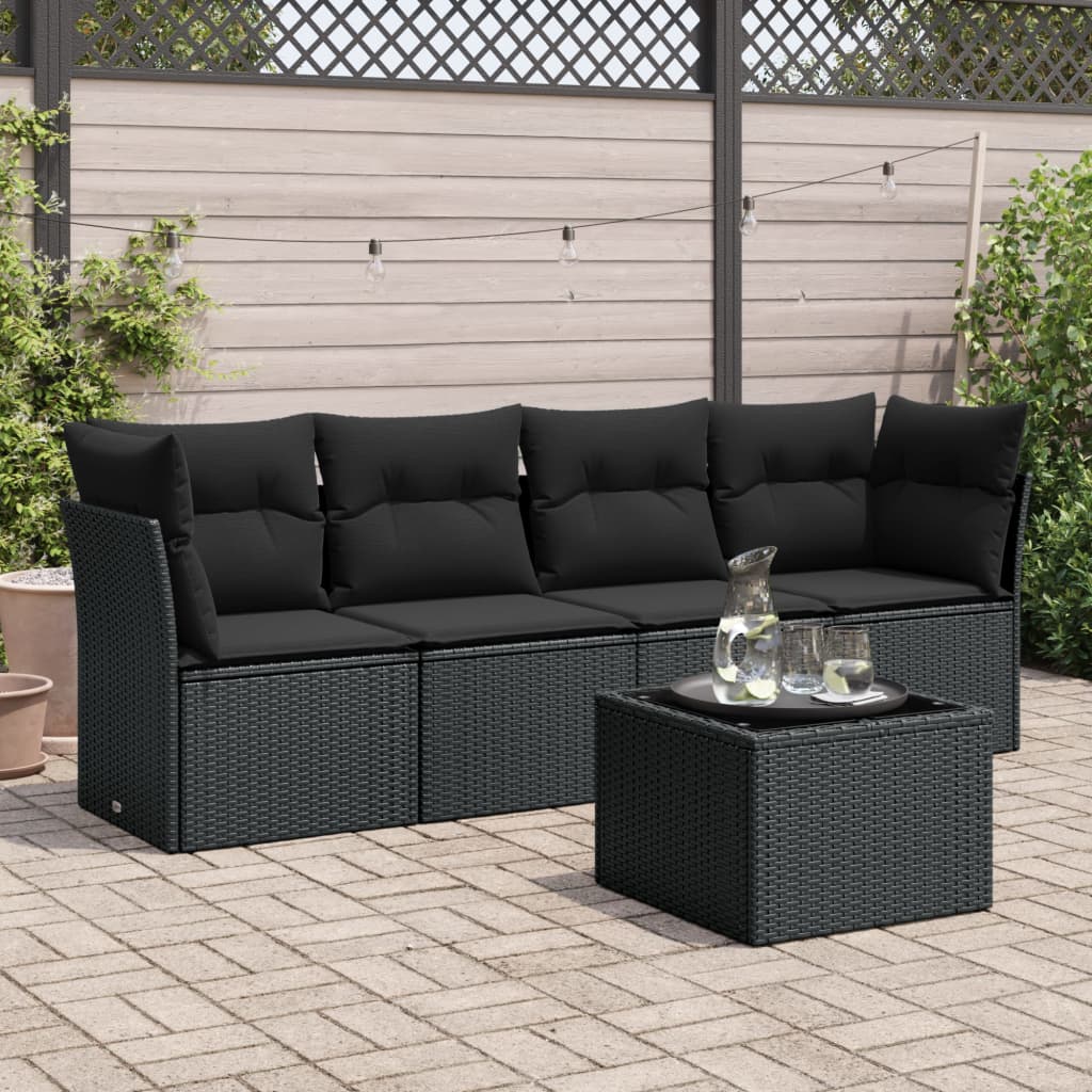 vidaXL 5-tlg. Garten-Sofagarnitur mit Kissen Schwarz Poly Rattan