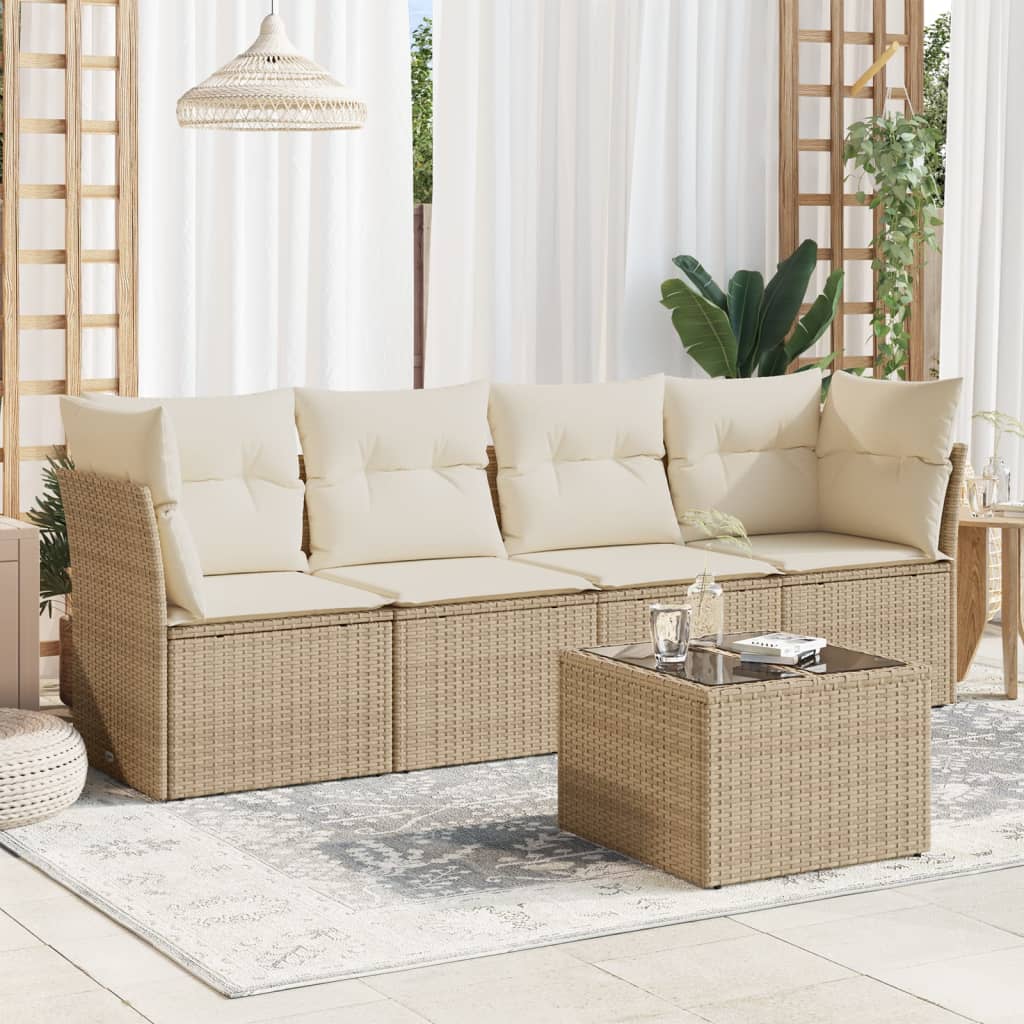 5-tlg. Garten-Sofagarnitur mit Kissen Beige Poly Rattan