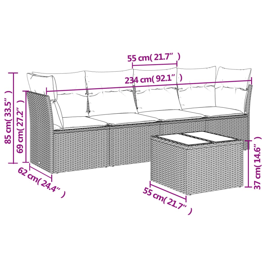 vidaXL 5-delige Loungeset met kussens poly rattan grijs afbeelding