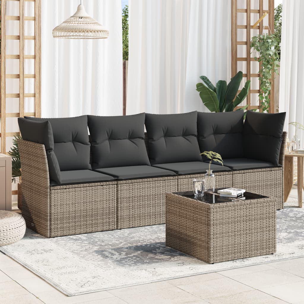 5 Piece Garden Sofa Set with Cushions Grey Poly Rattan 3249079