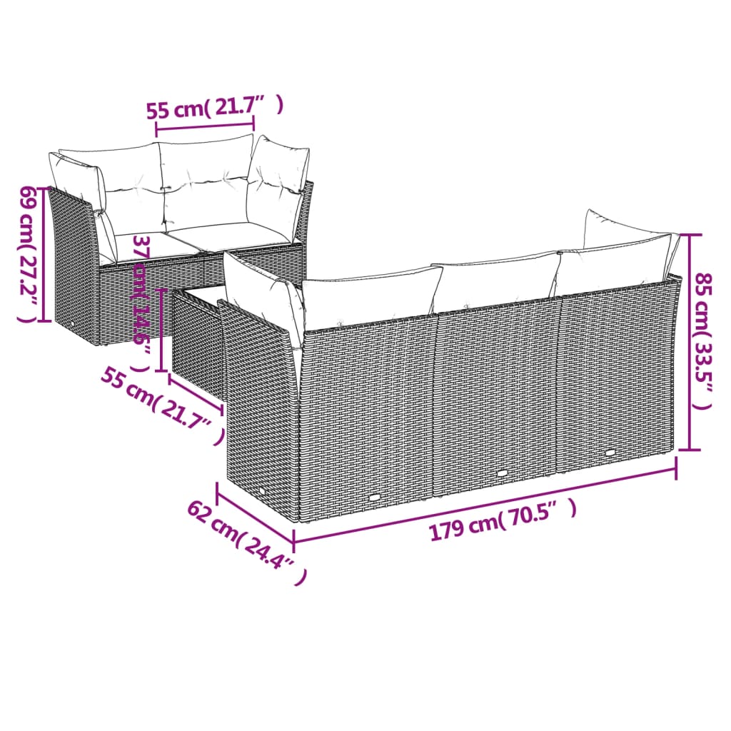 vidaXL 6-delige Loungeset met kussens poly rattan bruin