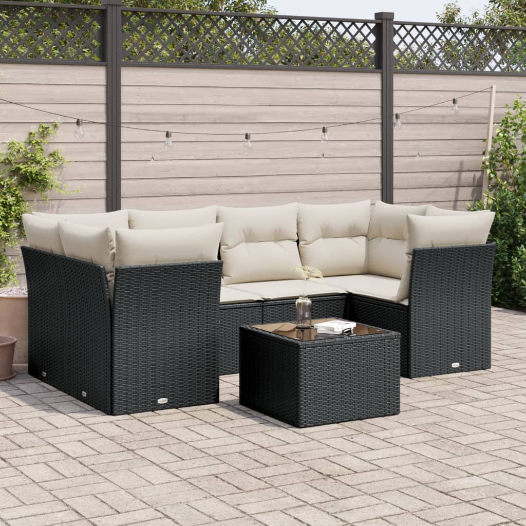 vidaXL 7-tlg. Garten-Sofagarnitur mit Kissen Schwarz Poly Rattan