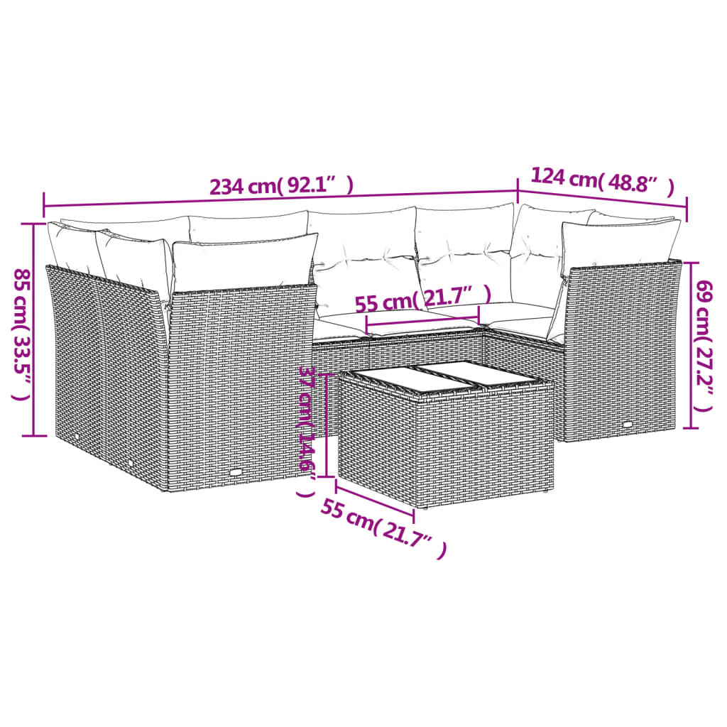 vidaXL 7-delige Loungeset met kussens poly rattan beige