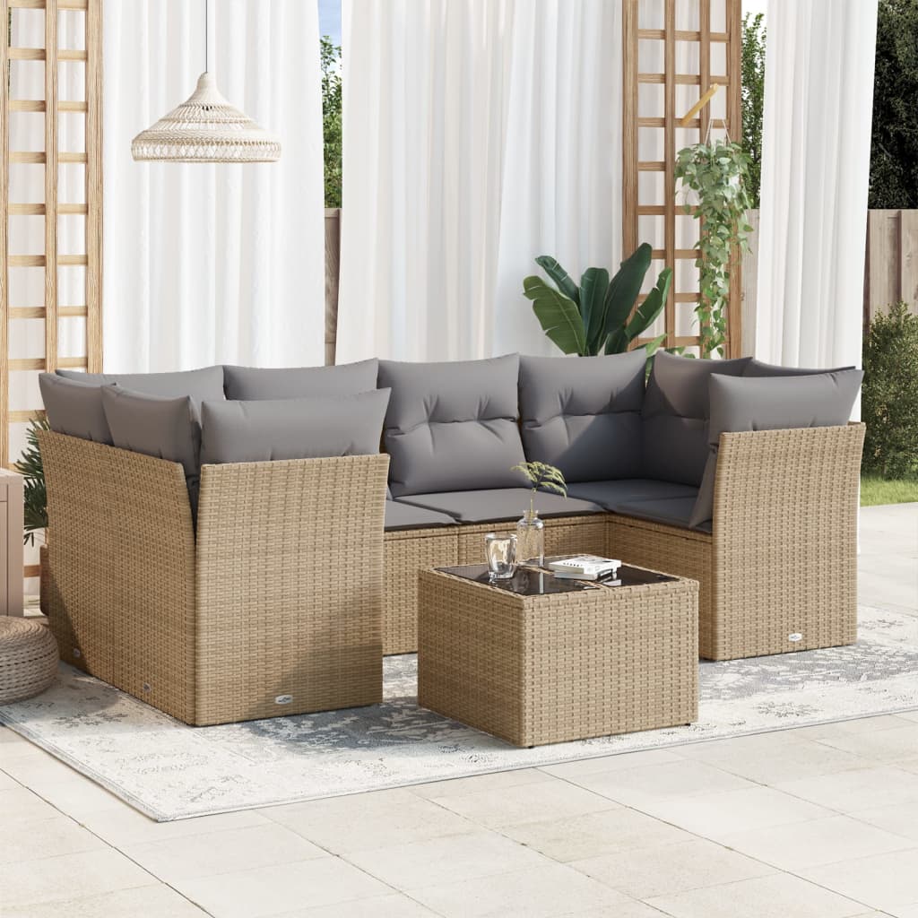 vidaXL 7-tlg. Garten-Sofagarnitur mit Kissen Beige Poly Rattan