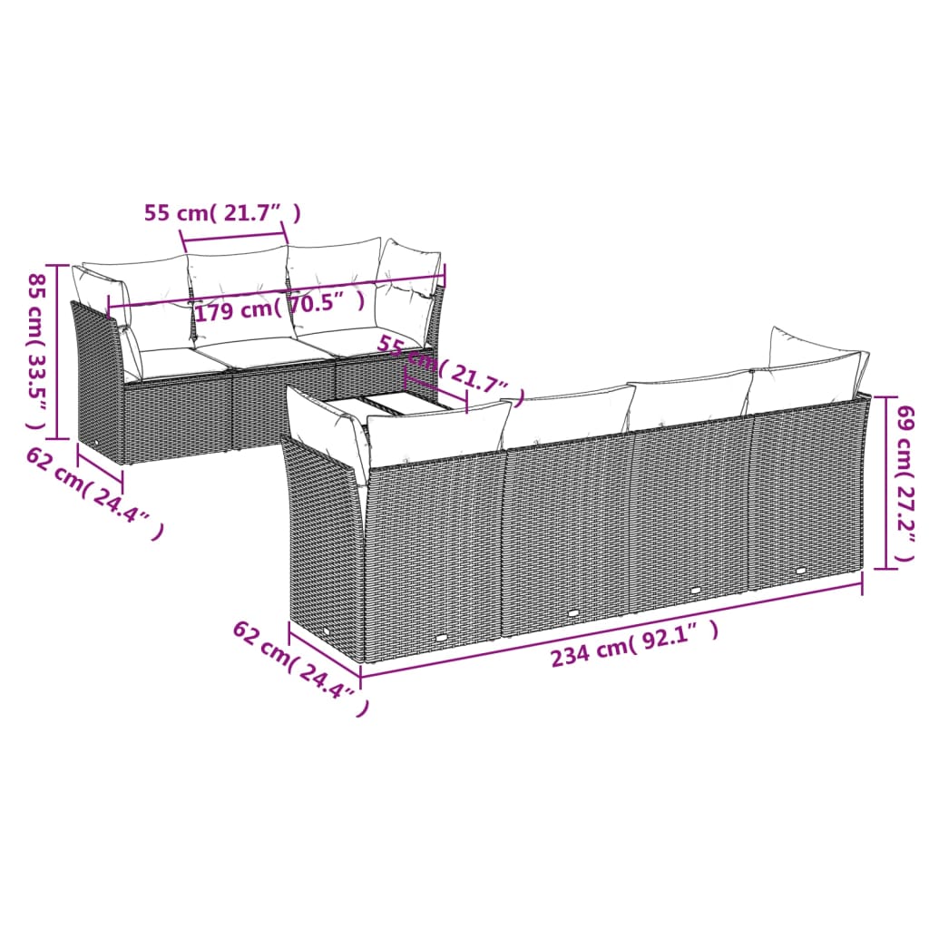 vidaXL 8-delige Loungeset met kussens poly rattan beige