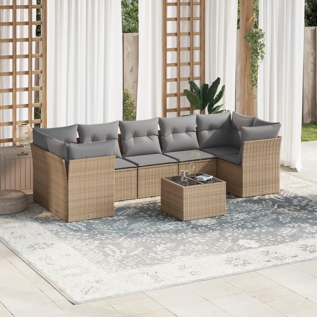 vidaXL 8-tlg. Garten-Sofagarnitur mit Kissen Beige Poly Rattan