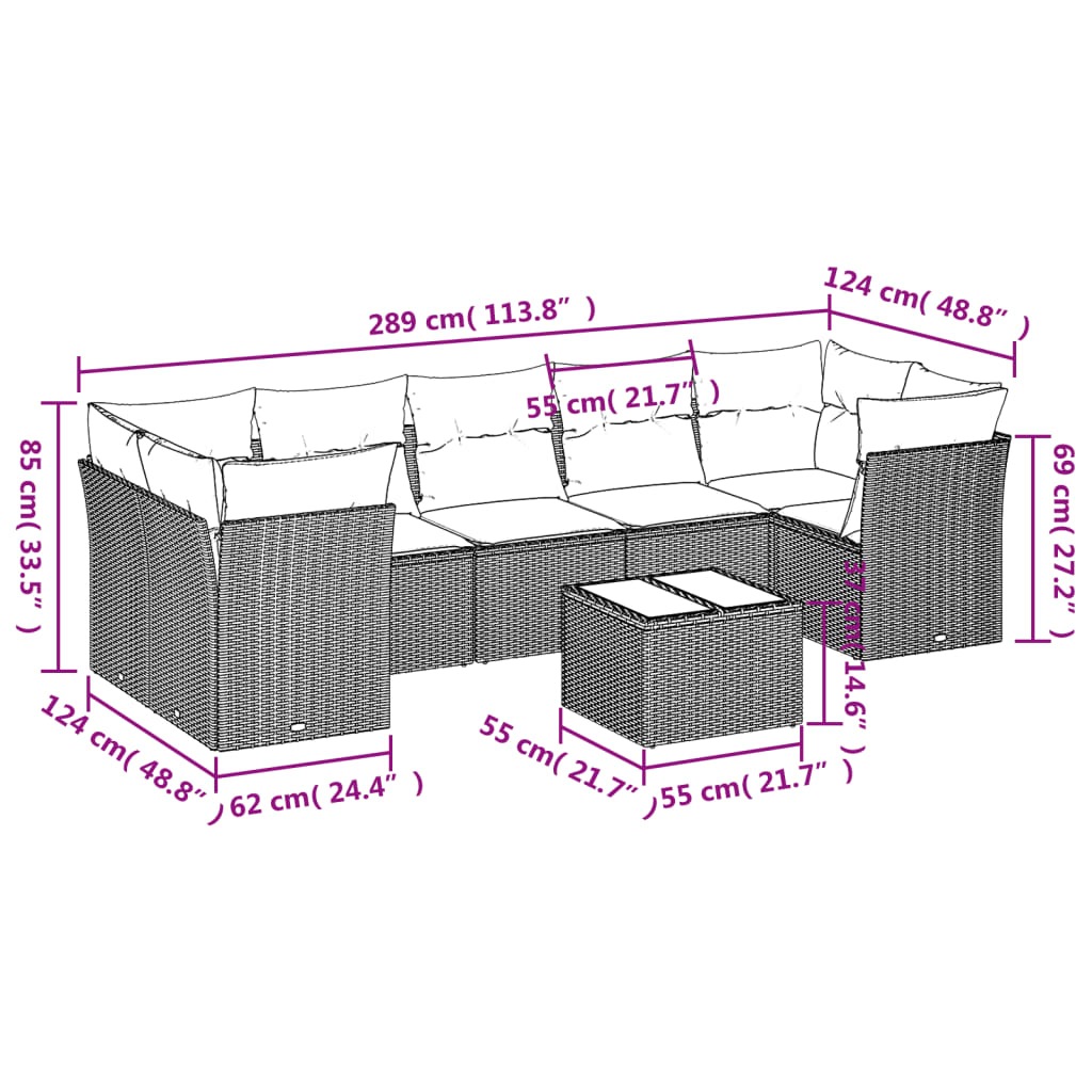 vidaXL 8-delige Loungeset met kussens poly rattan bruin